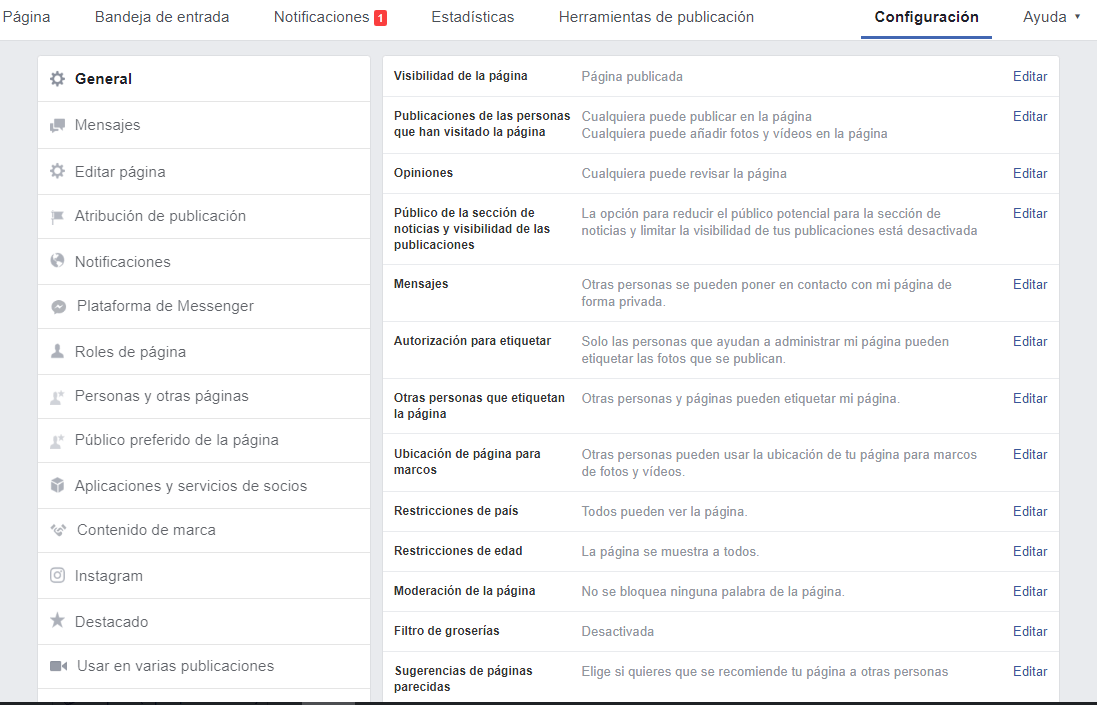 configuracion pagina facebook